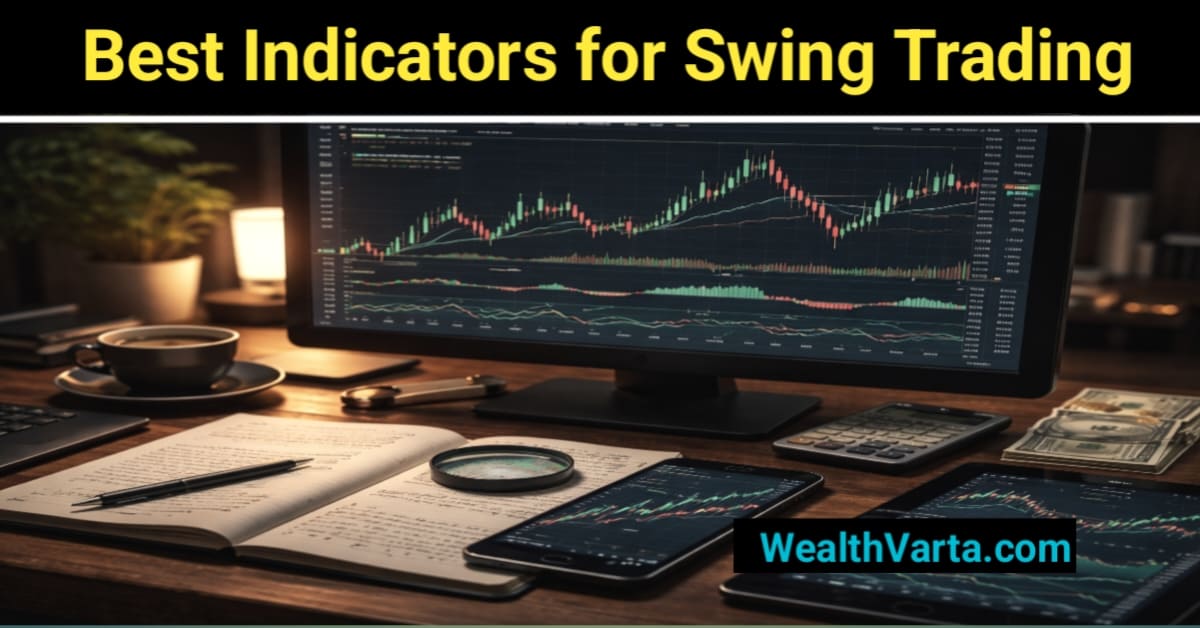 Best Indicators for Swing Trading स्विंग ट्रेडिंग के लिए बेस्ट इंडिकेटर्स दिखाता हुआ ट्रेडिंग स्क्रीन, कैंडलस्टिक चार्ट और टेक्निकल एनालिसिस सेटअप