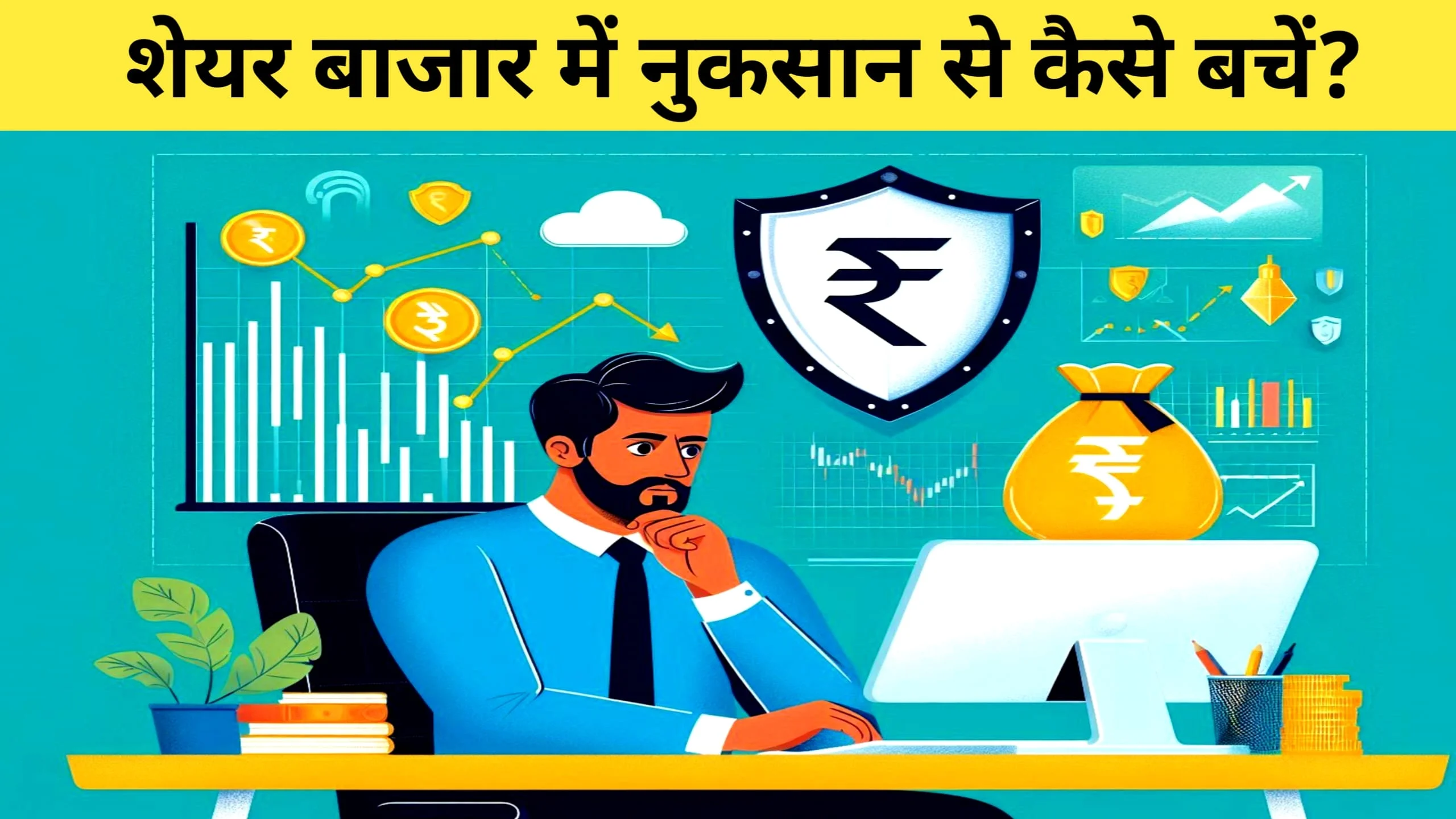How to Avoid Loss in Share Market शेयर बाजार में नुकसान से बचने के उपाय दर्शाता एक भारतीय निवेशक, जिसके पीछे गिरता हुआ शेयर ग्राफ और सुरक्षा का प्रतीक है।