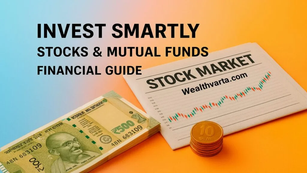 Indian 500 rupee notes, 10 rupee coin and stock market newspaper with financial guide text wealthvarta.com