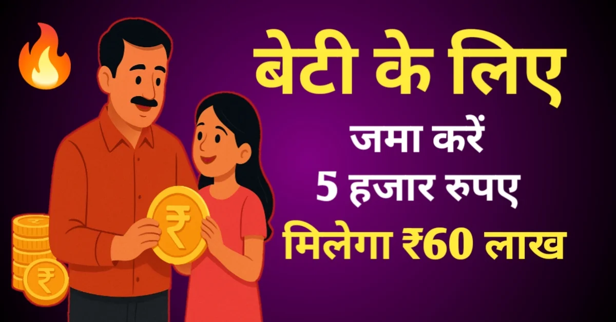 पिता और बेटी SIP Investment Plan के तहत निवेश का प्रतीक रुपया सिक्का पकड़े हुए, बैकग्राउंड में ₹5,000 मासिक निवेश से ₹60 लाख बनने वाला SIP Investment Plan संदेश
