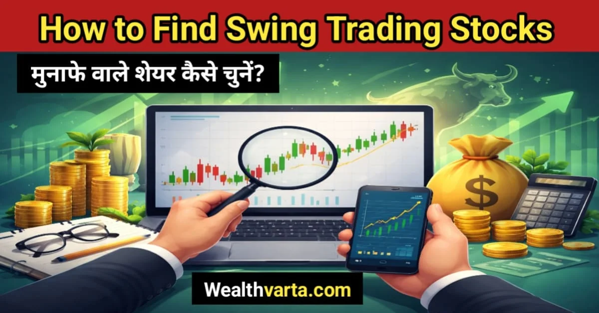 How to Find Swing Trading Stocks स्विंग ट्रेडिंग के लिए मुनाफे वाले शेयर चुनने की प्रक्रिया दिखाता स्टॉक मार्केट चार्ट,