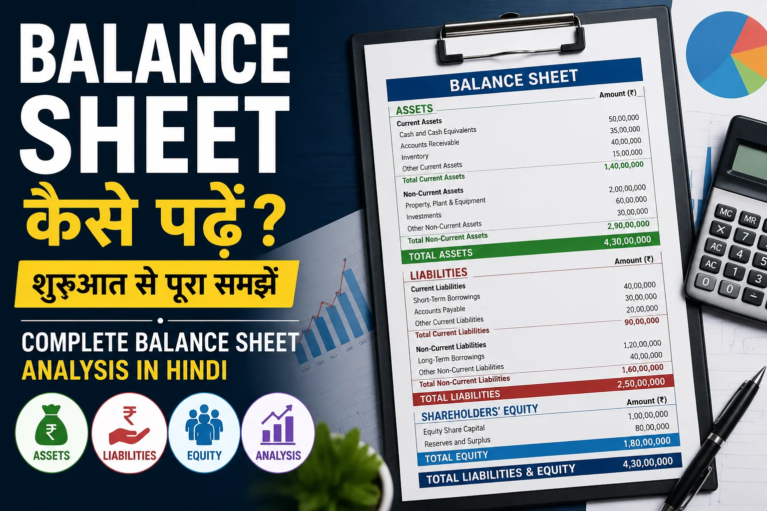 Balance Sheet Analysis in Hindi समझाने वाला इन्फोग्राफिक जिसमें Assets, Liabilities, Equity और Balance Sheet को पढ़ने का तरीका दिखाया गया है।